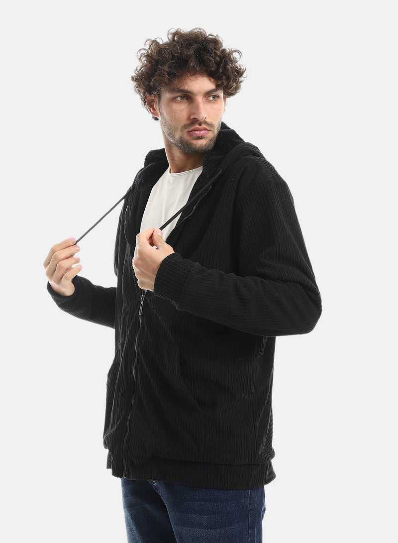 Andora Ribbed Style Zip Hoodie Jacket_Black - Image 2